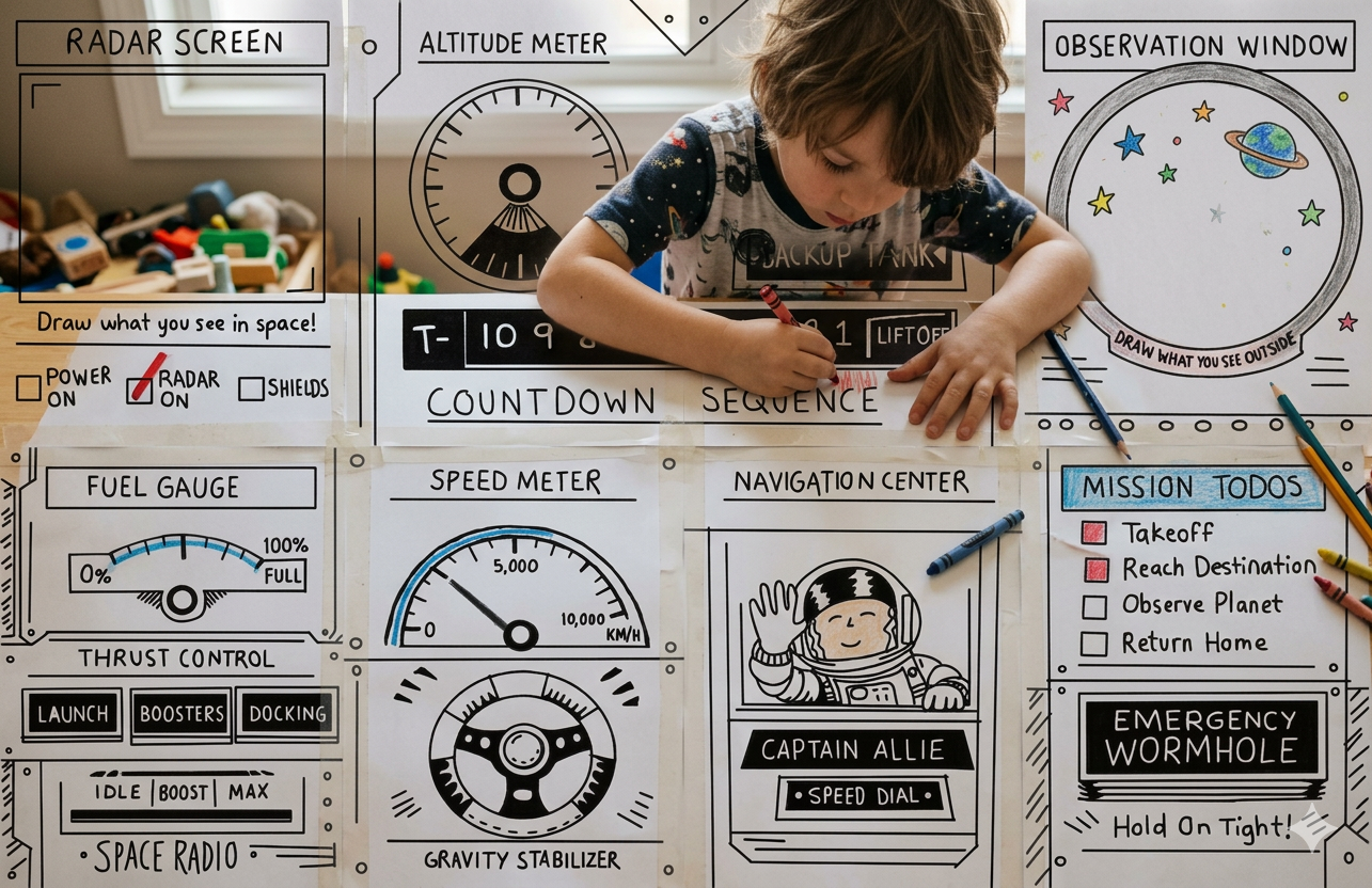 Child coloring in the life-size rocket control panel spread across a table